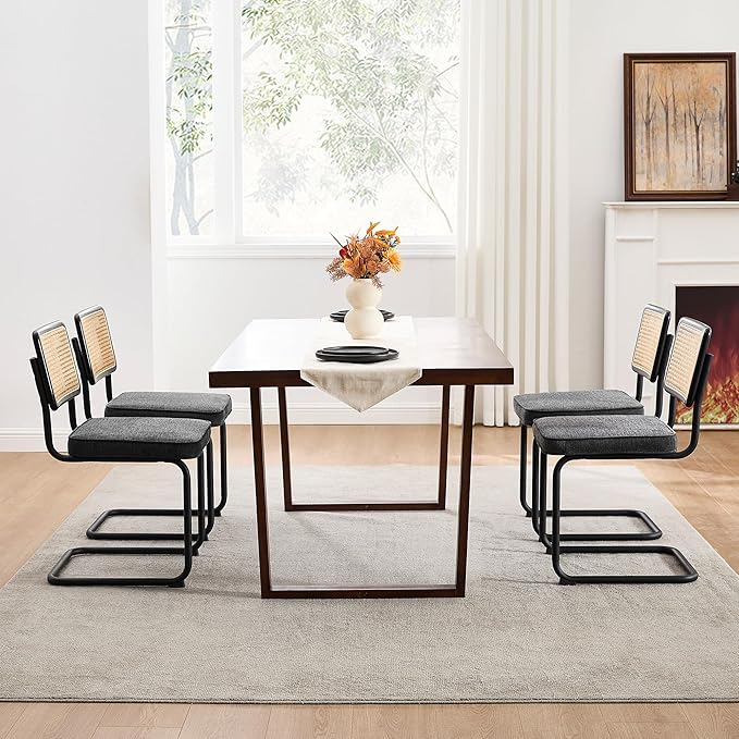 Zesthouse Rattan Dining Chairs Set of 2, Mid Century Modern Dining Room Chairs with Natural Cane Mesh & Black Metal Base, Ceaca Kitchen Chair with Upholstered Linen Fabric Cushion, Dark Grey