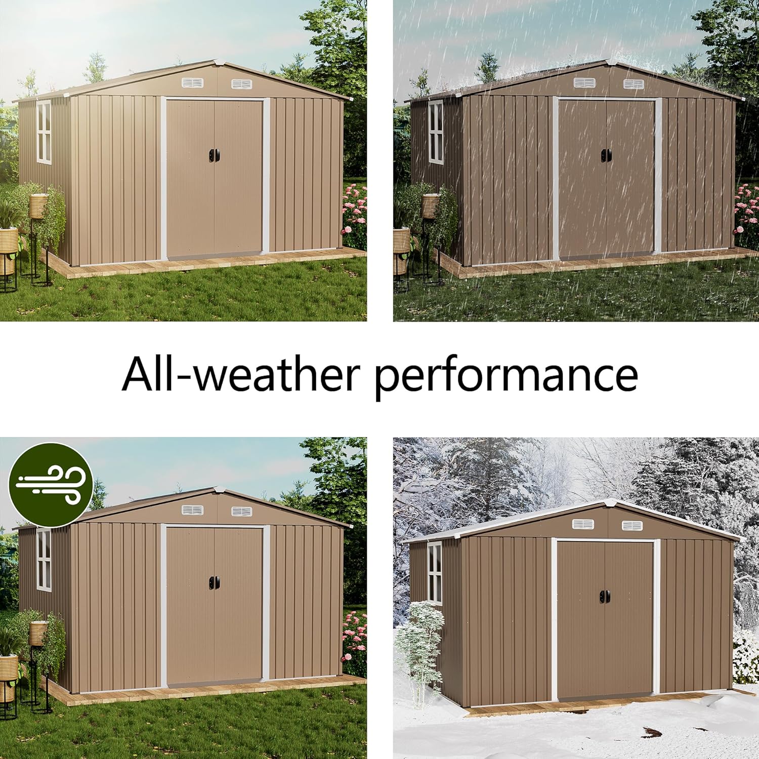 10x8FT Outdoor Storage Shed with Floor & Lockable Sliding Doors,Metal Storage Shed with 1 Air Vents,Waterproof Garden Shed for Backyard,Patio, Lawn,(Brown,Base Included)