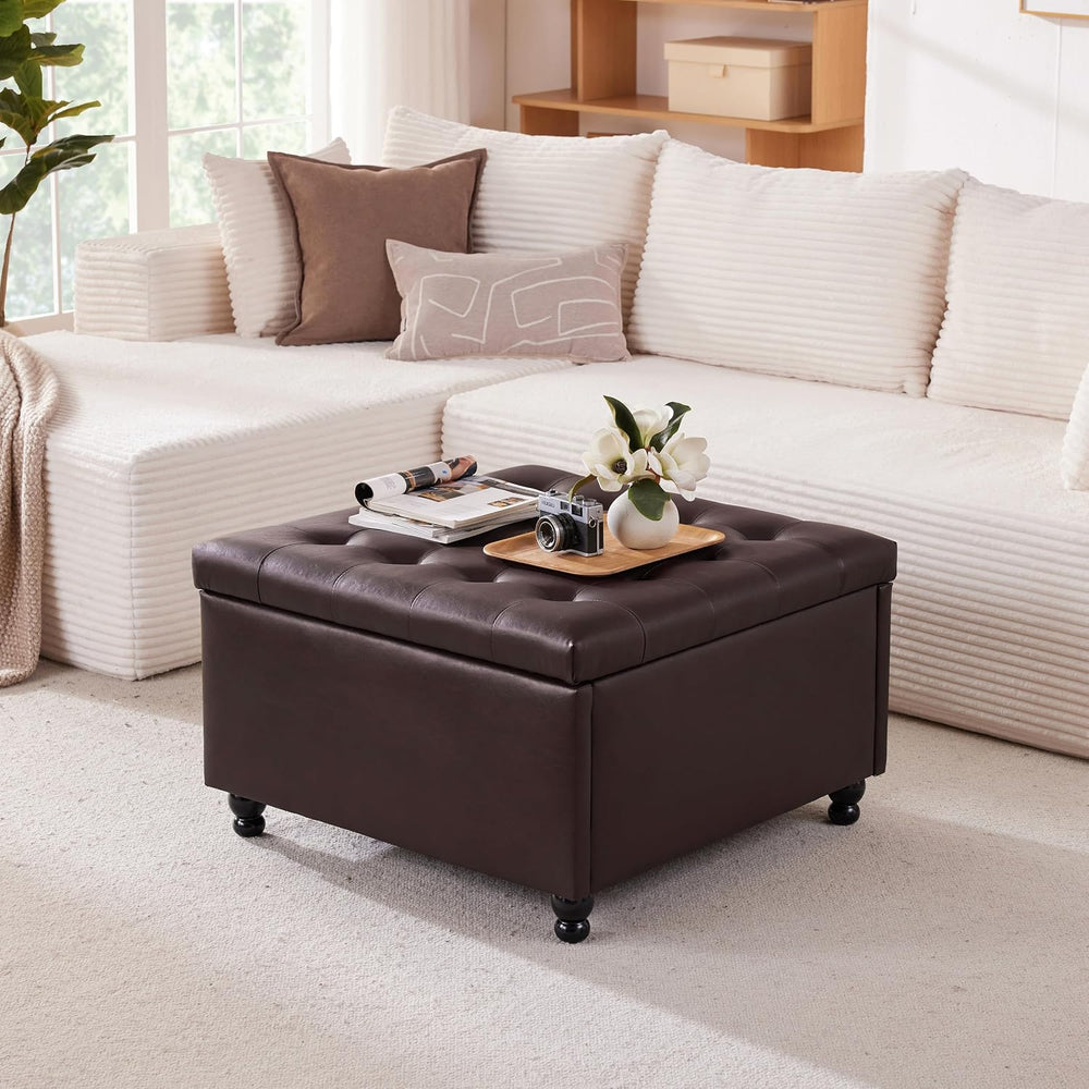 30" Large Square Ottoman with Storage, Leather Ottoman Coffee Table, Bro...