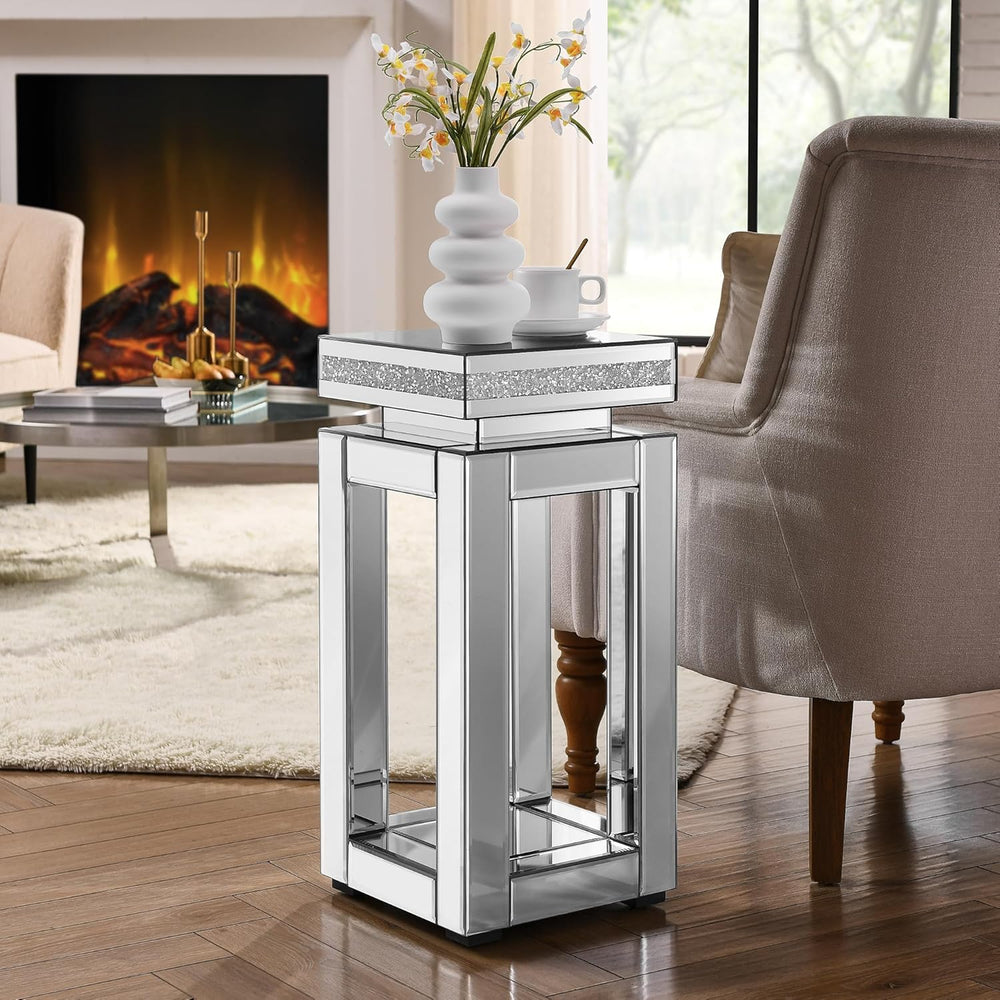 Silver Mirrored Side Table with Crystal Inlay for Small Spaces, Luxury Modern...