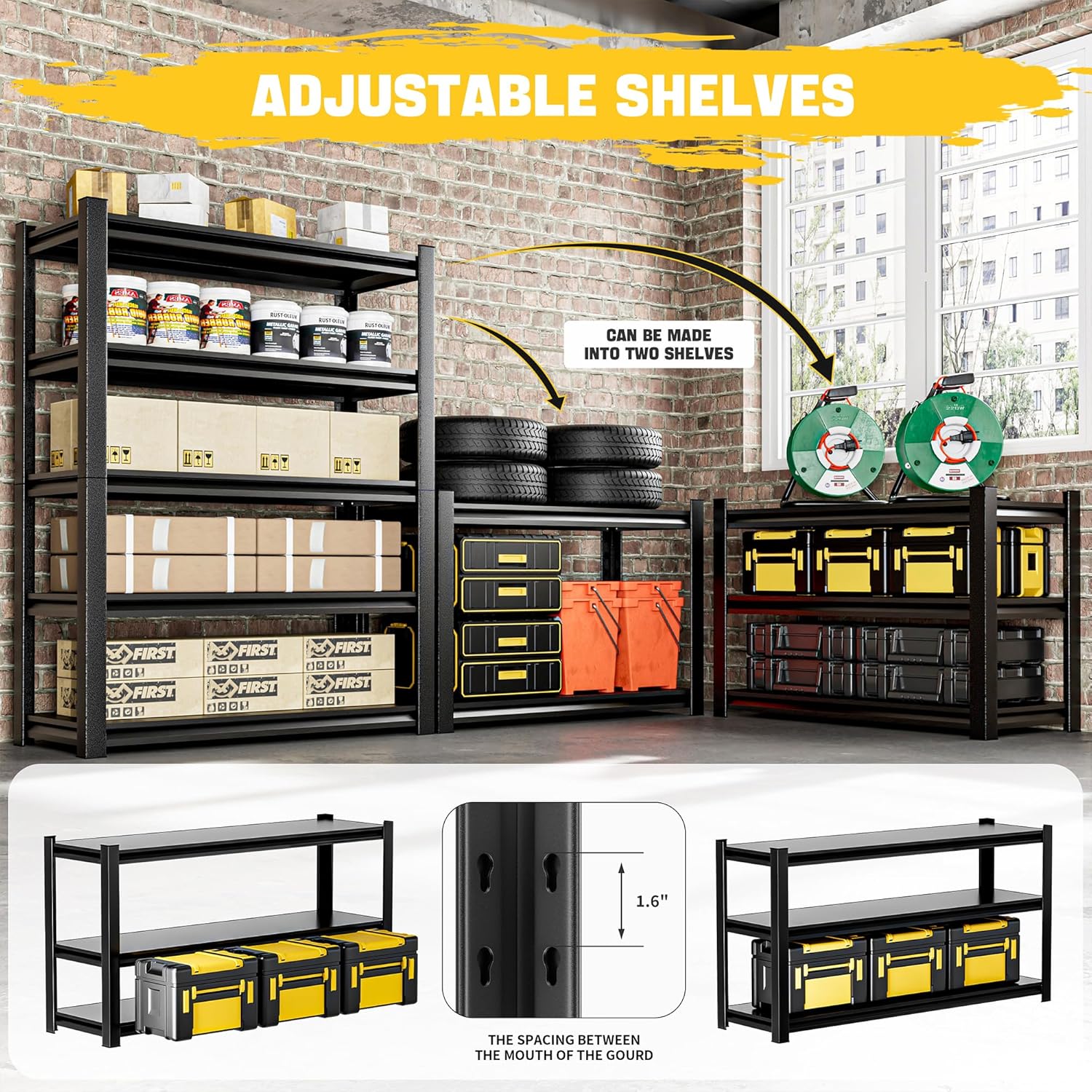 Heavy Duty Garage Shelving Unit, 72" H 2000 LBS Metal Storage Shelves, 5 Tier Adjustable Shelving Units for Organization, Heavy Duty Garage Storage Rack (72''H x 36''W x 16''D)