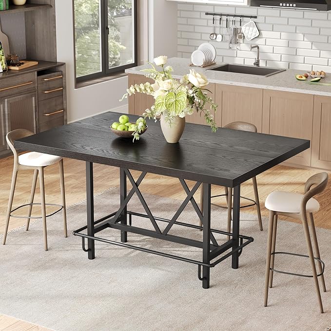 LITTLE TREE 63-Inch Industrial Bar Table with Metal Footrest, Counter Height Pub Table for Kitchen, Home Bar & Entertaining (Black)