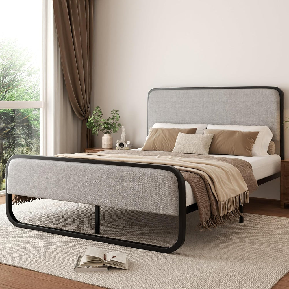 Sismplly Queen Size Upholstered Bed Frame with Curved Headboard and Footboard...