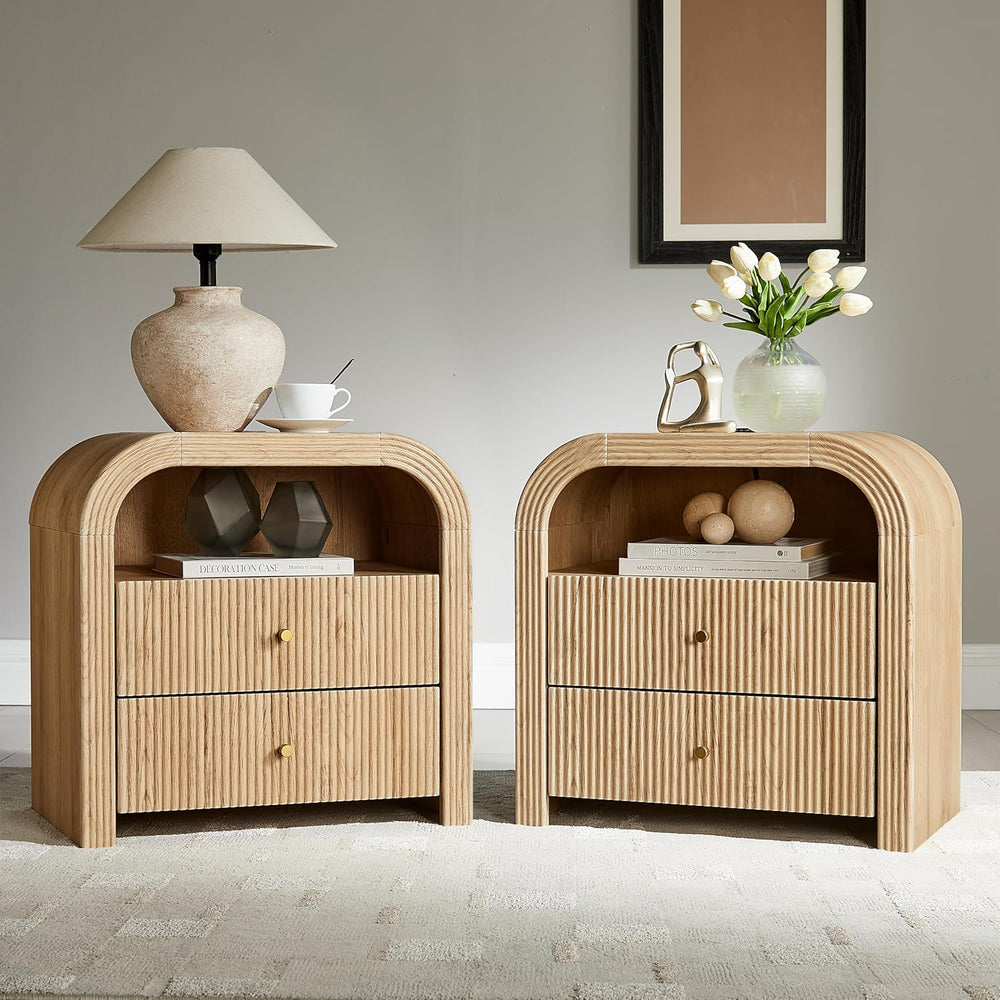 T4TREAM 24" Fluted Nightstand Set of 2 with Charging Station, Natural Oa...
