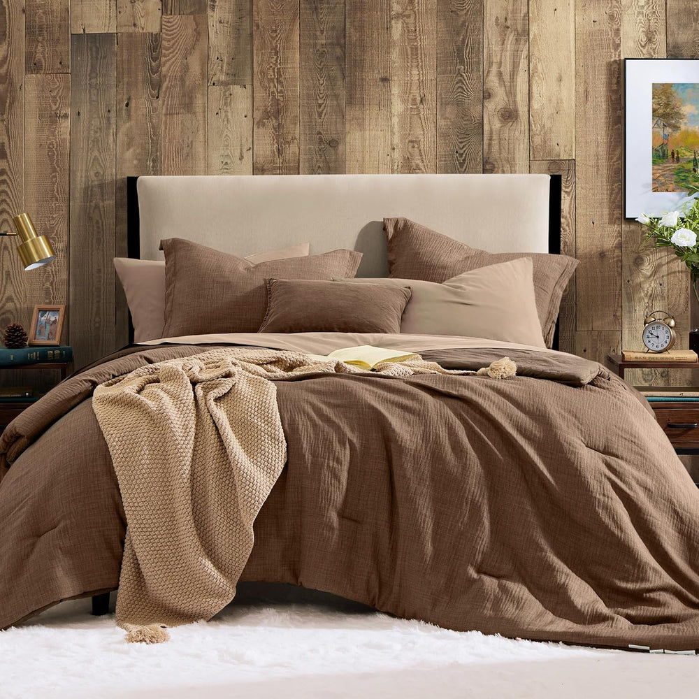 King Size Comforter Set - 7 Pieces Brown Bedding Set Textured Bed in a Bag