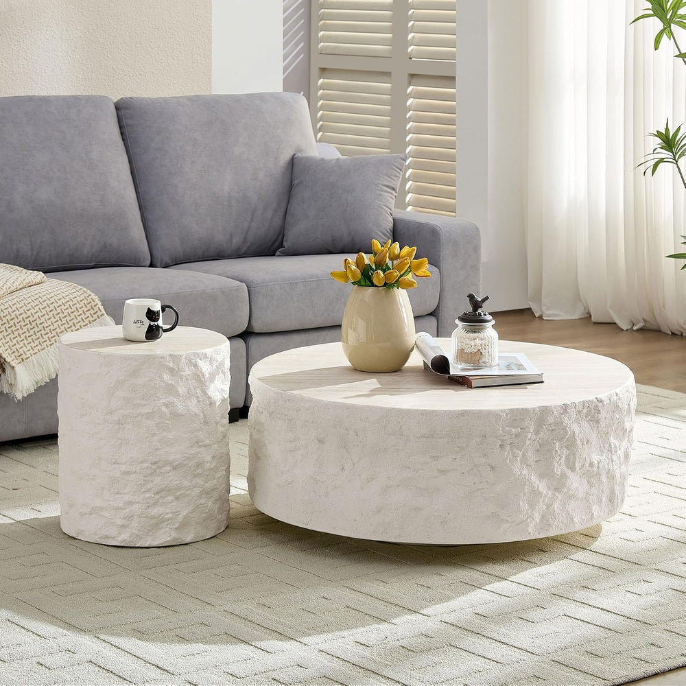 Fiberglass Round Coffee Table Set of Two, Living Room Vintage Design Faux Sto...