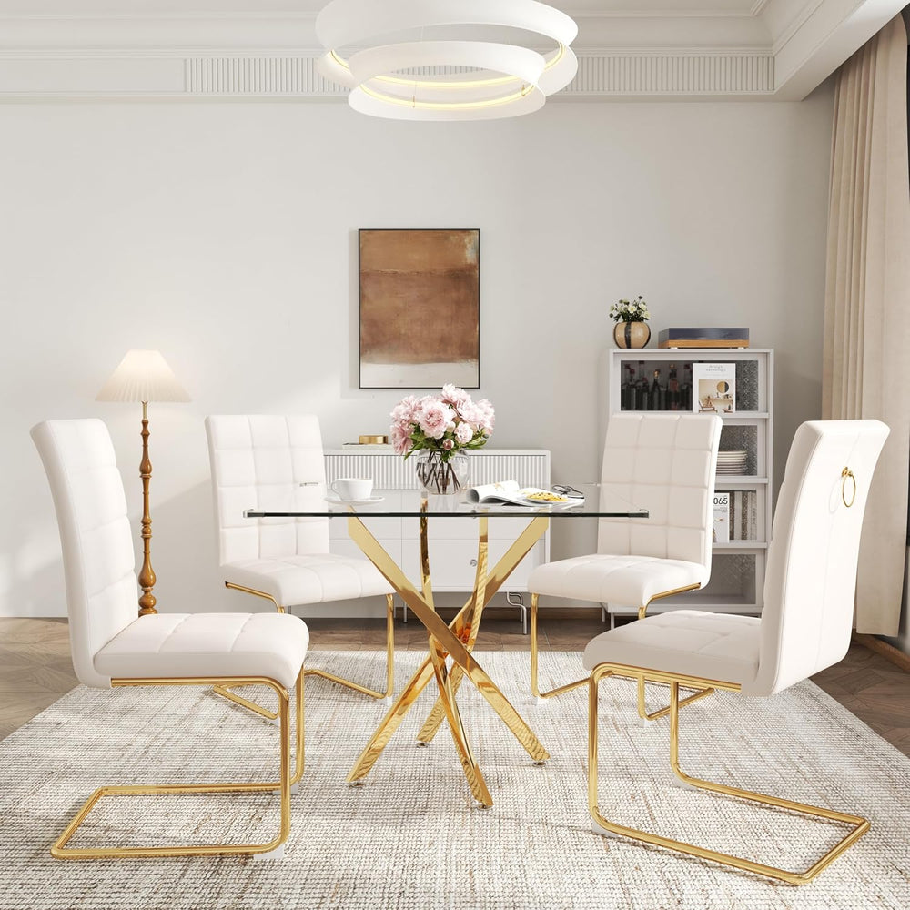 AF ARTISAN FURNITURE 5 Piece Square Glass Dining Table Set, Gold Glass Kitche...