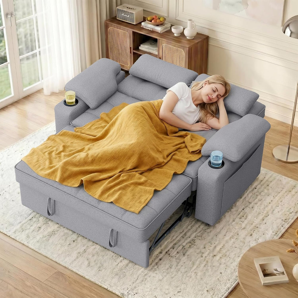 58'' Convertible Sofa Bed with USB Charger and Cup Holders, Teddy Fab...