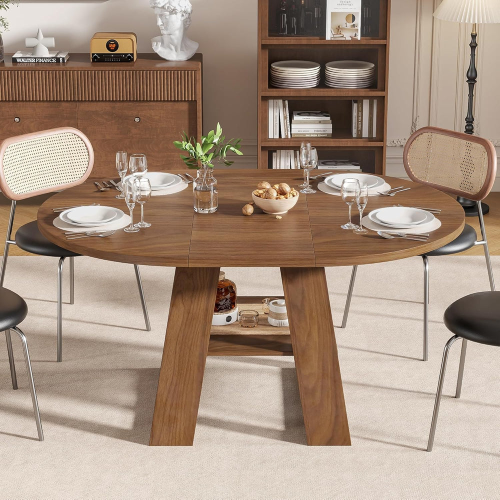 43.3in-59in Extendable Round Dining Table for 4-8, Modern Kitchen Oval Dining...