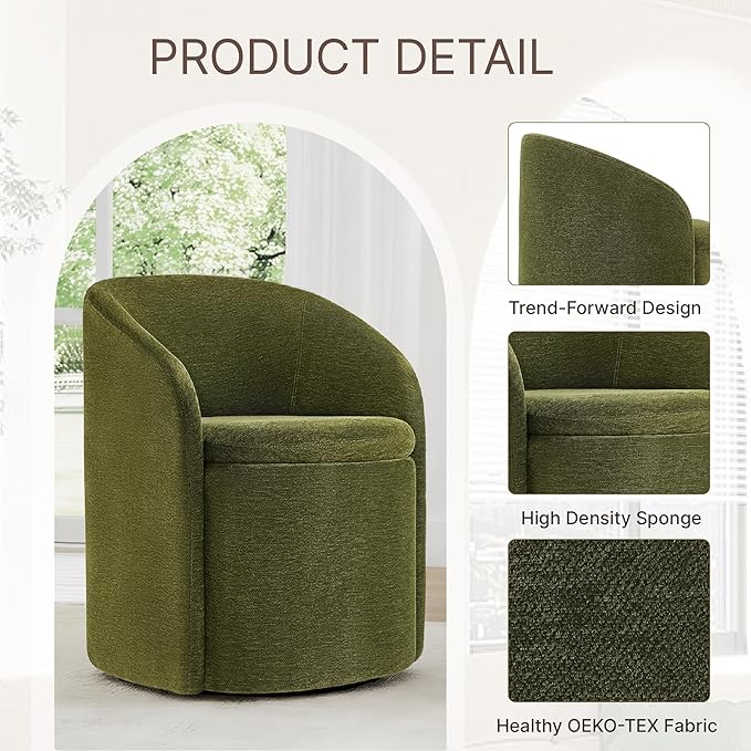 Upholstered Dining Chairs with Casters, No Assembly Rolling Modern Dining Room Chairs with Hidden Storage & Barrel Backrest, Accent Chair for Bedroom, Living Room, Dressing, Green, Set of 4
