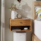 COZAYH Farmhouse Rubber Wood Floating Nightstand with Drawer and Open Shelf, Transitional Wall Mounted Side Table with Open Slot for Bedroom, Fully Assembled (Natural)
