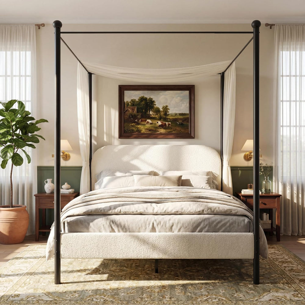 Christopher Knight Home Queen Size Upholstered Canopy Bed Frame with Boucle F...