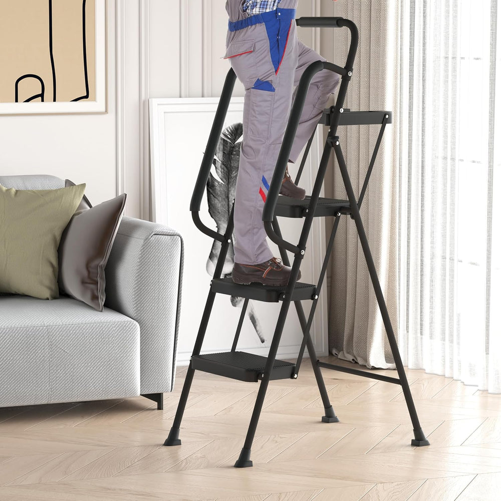 WiberWi 3 Step Ladder with Handrails Folding Step Stool with Tool Plateform, ...