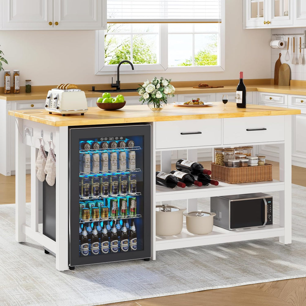 DynJest 60" Kitchen Island with Storage and Seating, Drawers, Hooks, Whi...