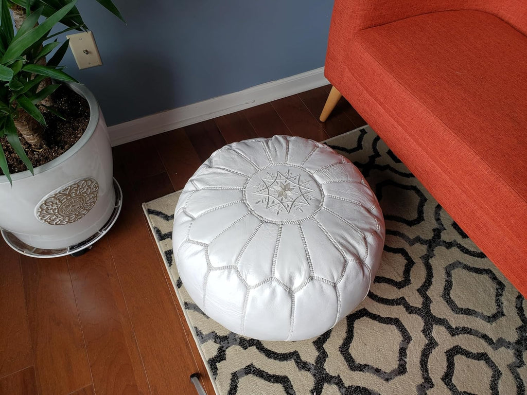 Mina Unstuffed Moroccan Leather Pouf Ottoman, 20" Diameter and 13" Height (Unstuffed White)