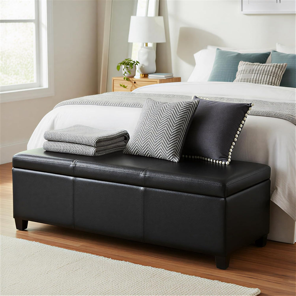 SIMPLIHOME Avalon 48" Wide Vegan Leather Ottoman in Carbon Black