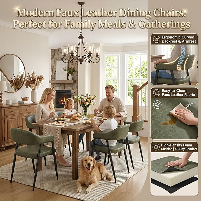 HNY Modern Dining Room Arm Chairs Set of 4, Green Retro Faux Leather Upholstered Barrel Dining Chairs with Arms Mid-Century Accent Chair with Metal Legs, Open-Back Kitchen Side Chairs for Living Room