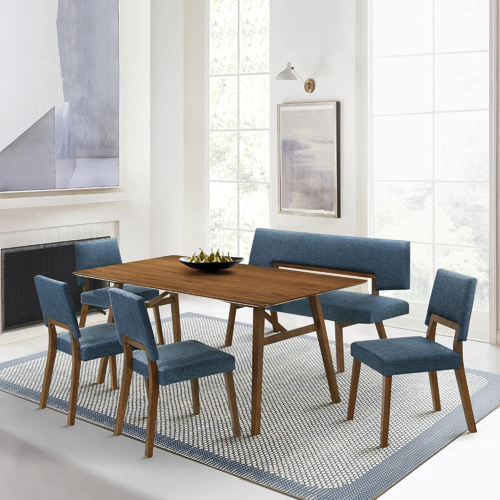 Channell Wood Dining Bench in Walnut Finish with Blue Fabric