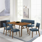 Armen Living Channell Mid Century Modern 6 Piece Walnut Wood Dining Table Set with Bench in Blue Fabric