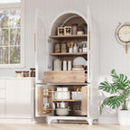 KLMM 71" Tall Arched Kitchen Pantry with Door Shelves,Storage Cabinets with Open & Adjustable Shelves,Hidden Drawer & Glass Door,for Kitchens Dining Room (White#Glass)