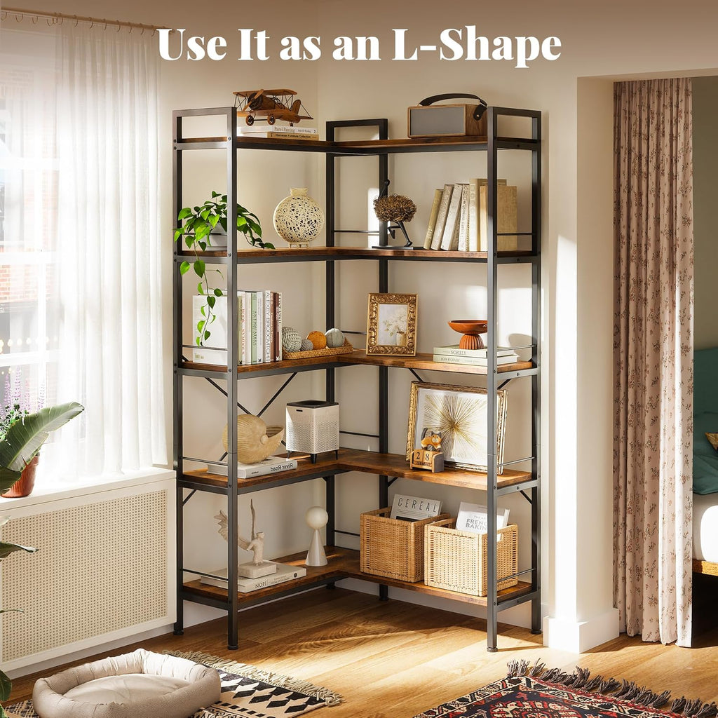 Huuger 5 Tier Bookshelf, L Shaped Corner Bookshelf with 10 Open Shelves, 49.4 Inch Straight Wide Bookcase with Metal Frame and Wooden Board, Adjustable Feet, Rustic Brown