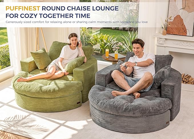MAXYOYO Modular Sectional Chaise Lounge Sofa, Round Upholstered Lounge Chair with Ottoman, Comfy Couch with Layered Cushion, Tufted Sleeper Chair for Living Room, No Assembly, Green