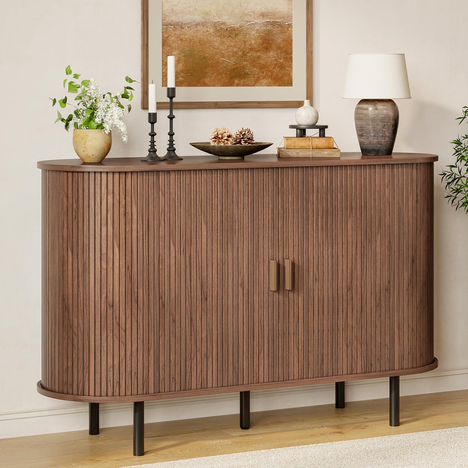 Buffet Sideboard Cabinet with Storage, 48" Fluted Cabinet with Sliding Door & Adjustable Shelf, Modern Accent Coffee Bar Console Table for Kitchen, Entryway, Walnut
