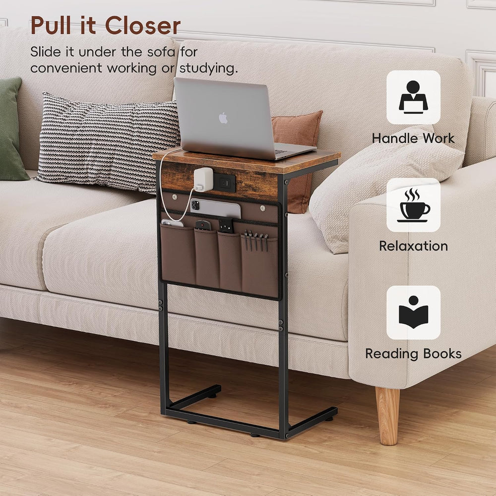 Vagusicc C Shaped End Table with Charging Station, 28" Tall Couch Side T...