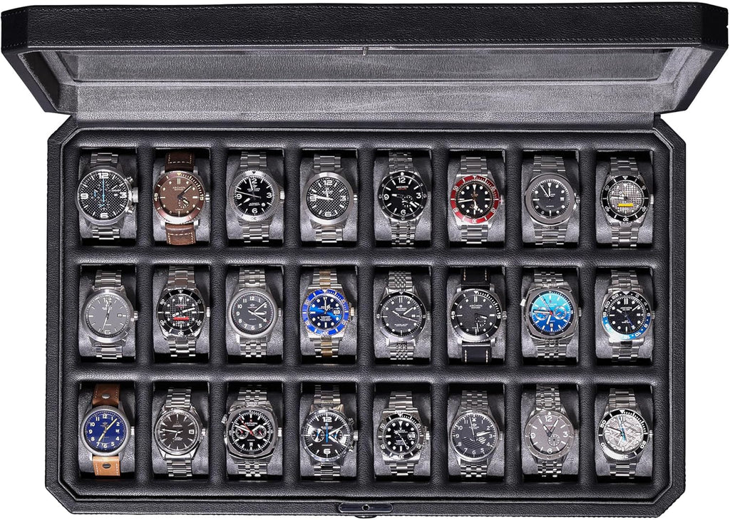 ROTHWELL 24 Slot Watch Case with Lock – Luxury Watch Box to Display and Organize Your Collection | Real Glass Top | Premium Storage for Collectors (Black/Grey)