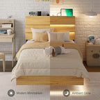 Feonase Floating Bed Frame Twin with Led Lights and Charging Station, Wood Full Size Bed Frame with Storage Headboard, Heavy Duty Metal Slats, No Box Spring Needed, Easy Assembly,Oak