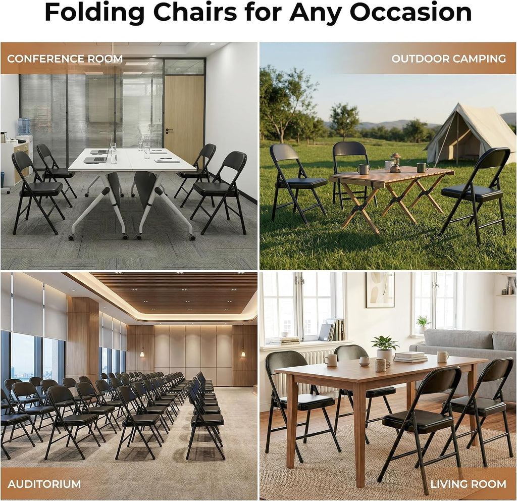SKONYON Folding Chair with Cushion, 450LBS, PU Padded Metal Chair, Black | Portable single foldable chair with padded seat & back, steel frame, for indoor outdoor events, office, wedding & party
