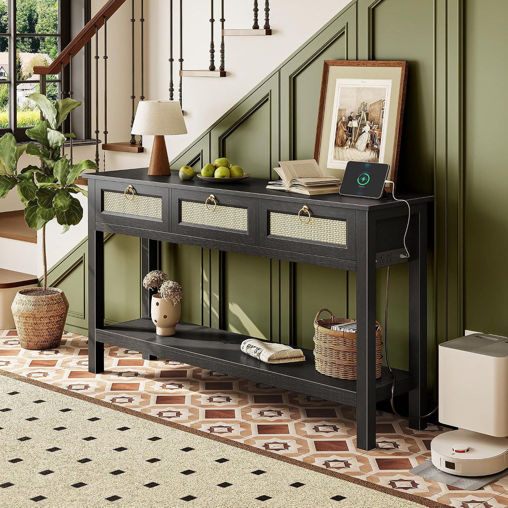 SUPERJARE Rattan Console Sofa Table with Outlets, USB-C Port and 3 Drawers | ...