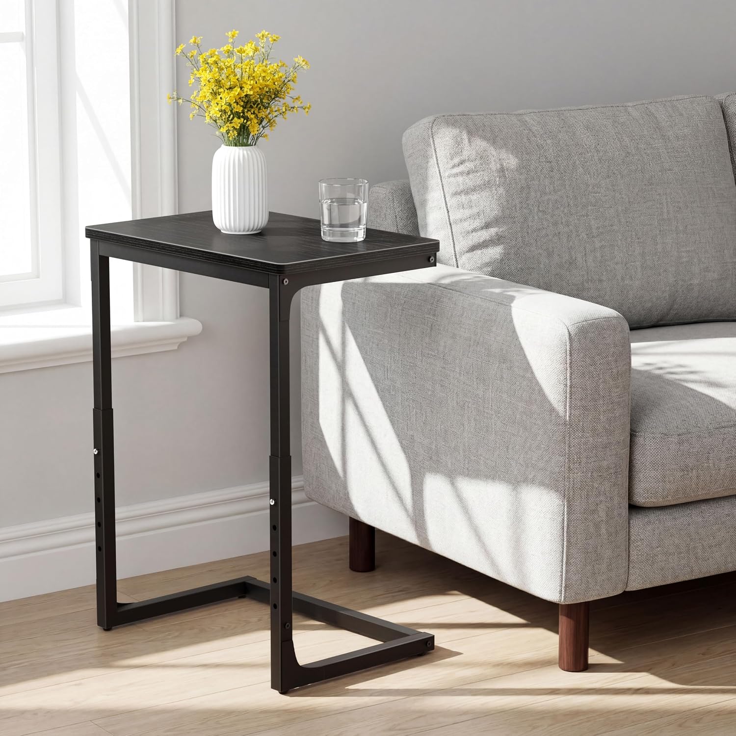 Adjustable C Side Table - End Table Living Room Bedroom Indoor Small C Shaped Couch Tray Desk, Black