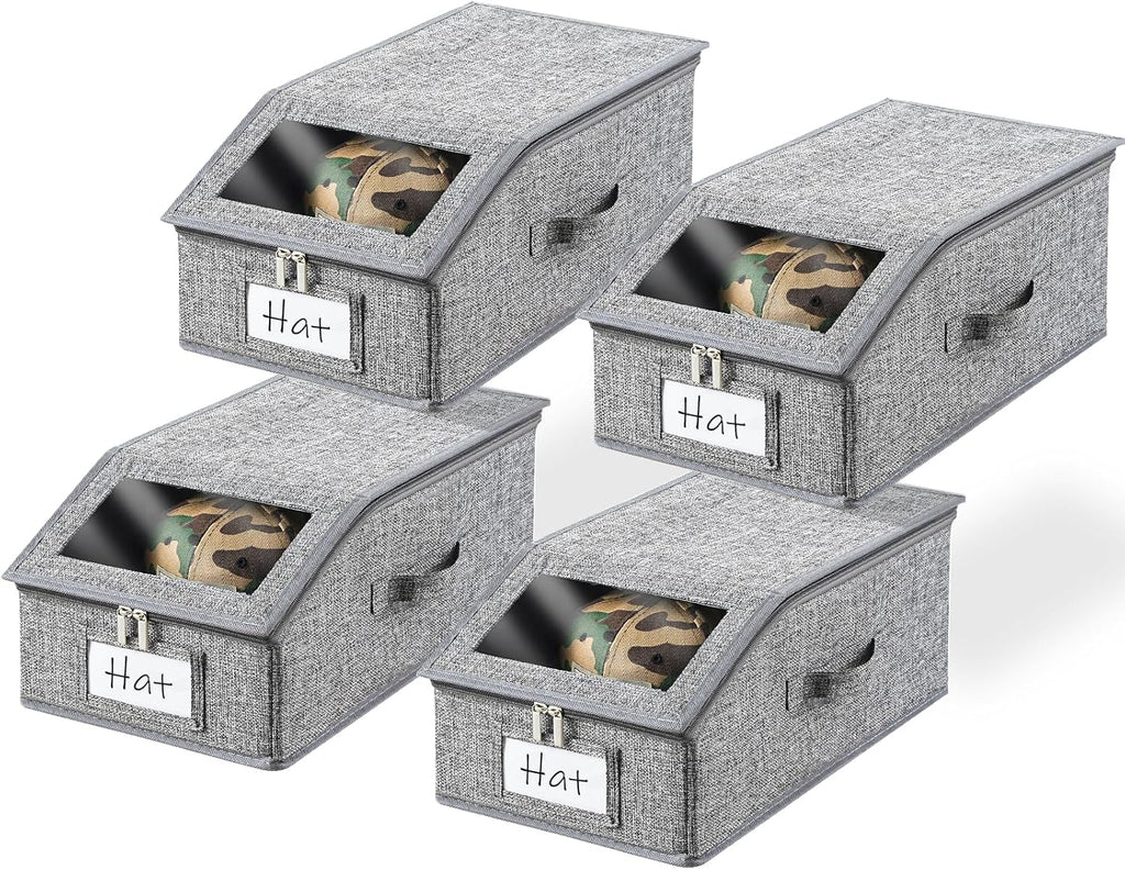 4 Pack Grey Hat Organizer for Baseball Cap, Hat Storage for Closet with Clear Window, Breathable Fabric Hat Box for Snacks, Toys, Socks, Stackable Hat Storage Organizer for Men/Women
