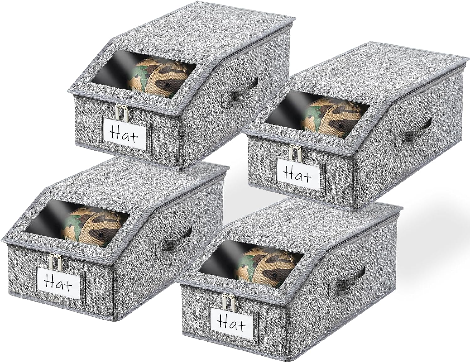4 Pack Grey Hat Organizer for Baseball Cap, Hat Storage for Closet with Clear Window, Breathable Fabric Hat Box for Snacks, Toys, Socks, Stackable Hat Storage Organizer for Men/Women