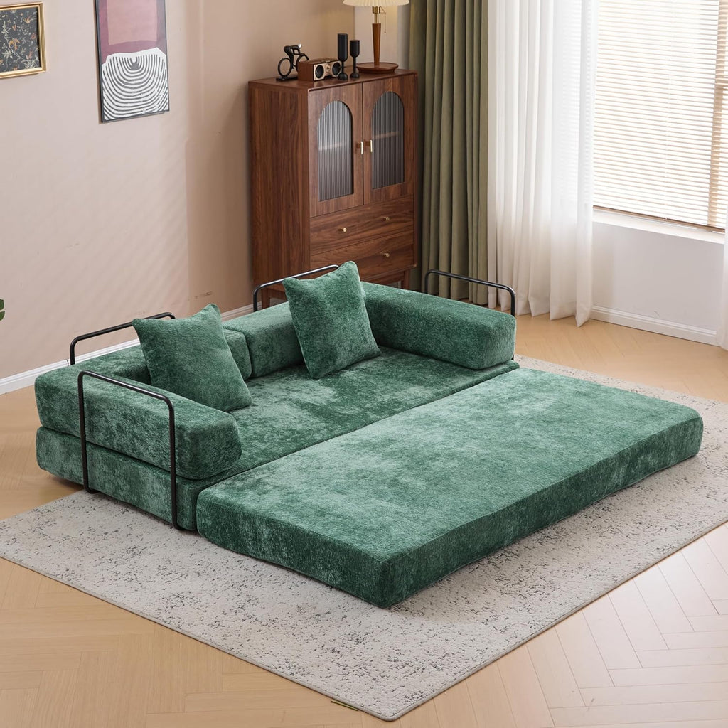 ZEIINPA Convertible Floor Sofa Bed with Fixed-Shape Frame, Modular Chenille Folding Mattress Couch with Armrest, Floor Sofa Lounge Couch for Living Room Bedroom Lounge Studio, Dark Green
