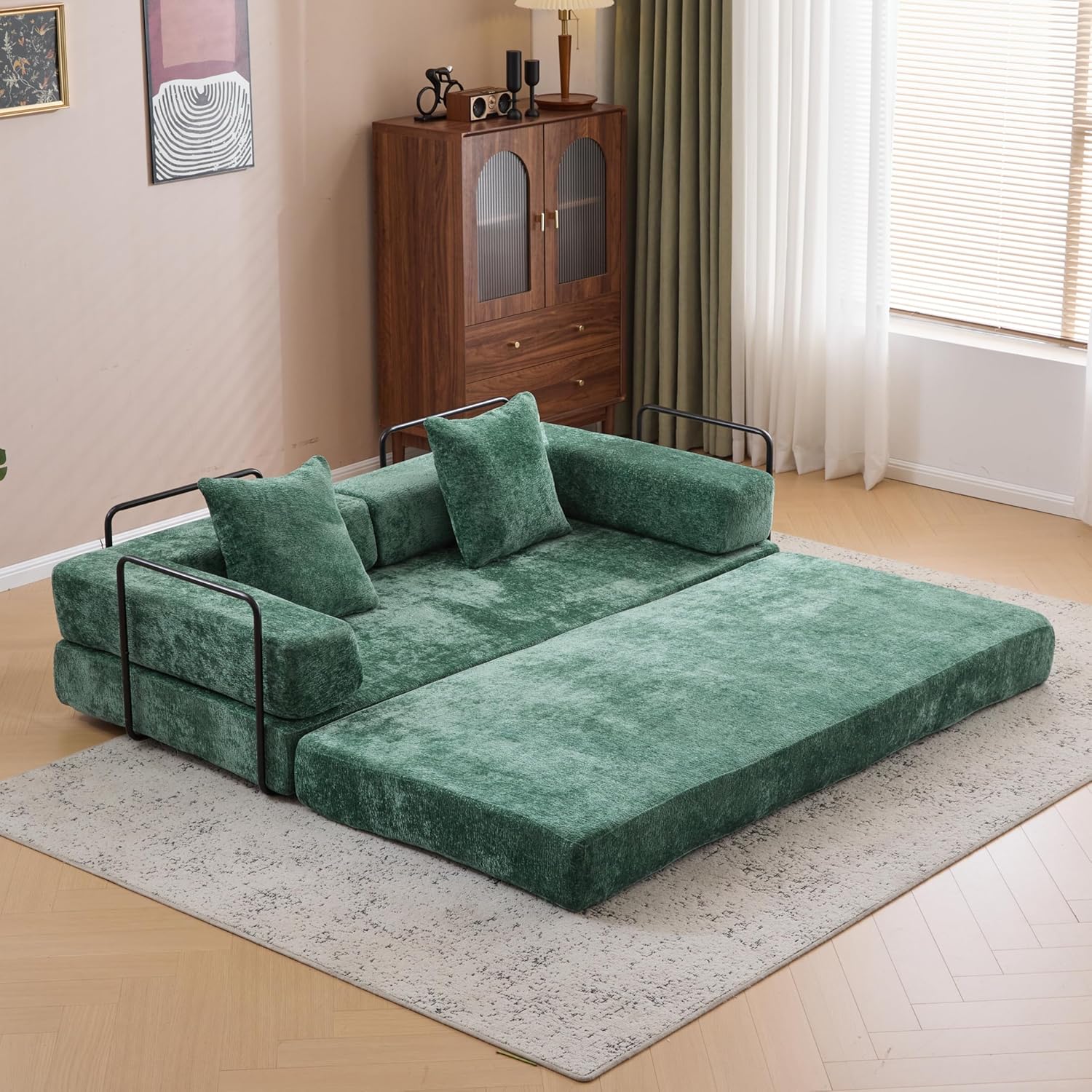 ZEIINPA Convertible Floor Sofa Bed with Fixed-Shape Frame, Modular Chenille Folding Mattress Couch with Armrest, Floor Sofa Lounge Couch for Living Room Bedroom Lounge Studio, Dark Green