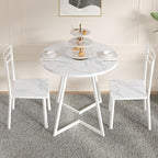 VECELO Small Round Dining Table Set for 2, Wood Tabletop with Strong Metal Frame, Modern Dinette with Chairs for Kitchen, Breakfast Nook Living Room, Faux Marbled & White