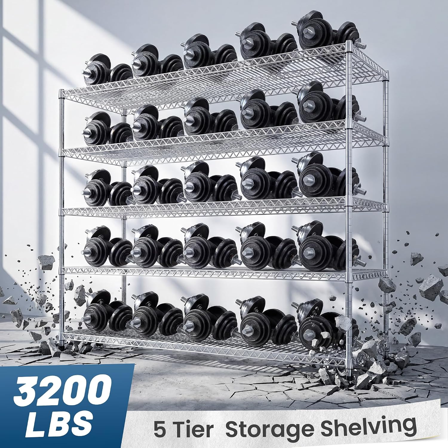 REIBII 55.5" W Storage Shelves 3200LBS Metal Shelving 5 Tier Wire Shelving Garage Shelving Heavy Duty Metal Shelves for Shelving Unit Commercial Adjustable Shelf, 55.5" W X 18''D X 71" H，Chrome