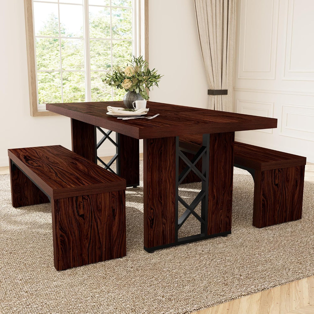 HIPIHOM 3-Piece Dining Table Set for 6 People, Walnut Table with 2 Benches | ...