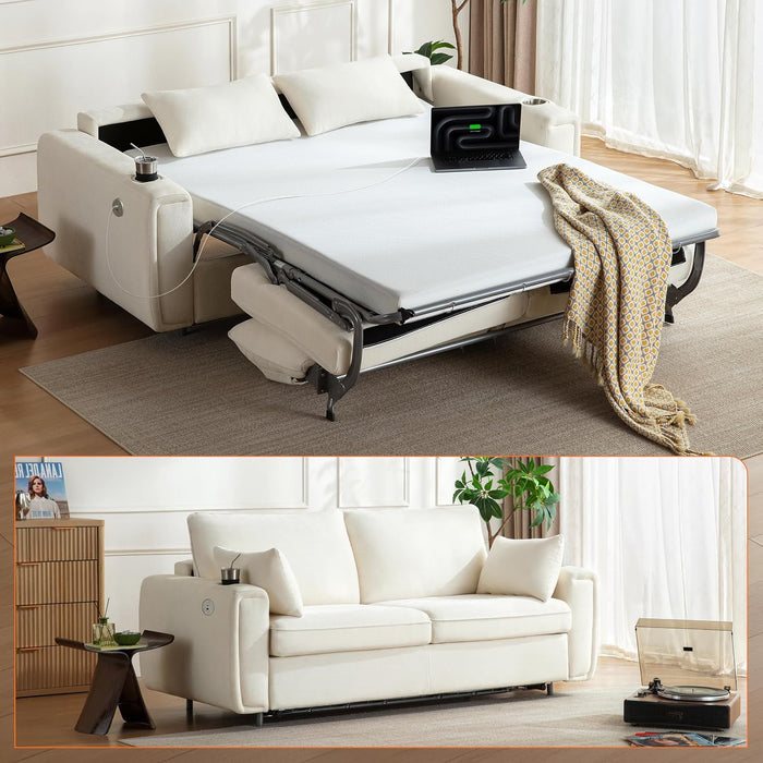 Pull Out Sofa Bed, No Cushion Removal, Queen Sleeper Sofa, Chenille White
