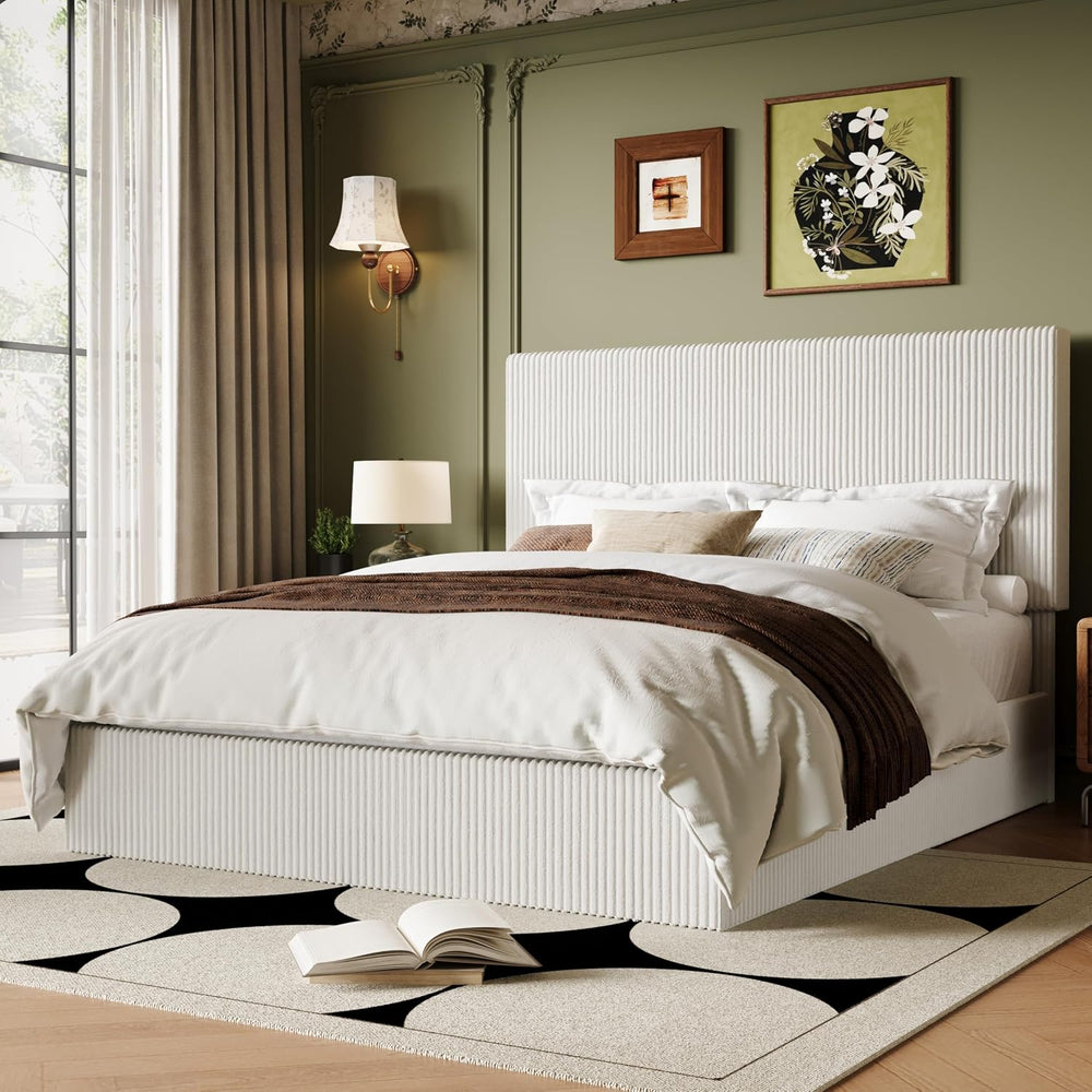 Allewie Queen Bed Frame, Adjustable Corduroy Headboard, Platform, White