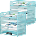 2 Pack 5-Tier Blue Desk Organizer with Handle Mesh Desk File/Paper Organizer Letter Tray for Office, School and Home Easy Installation