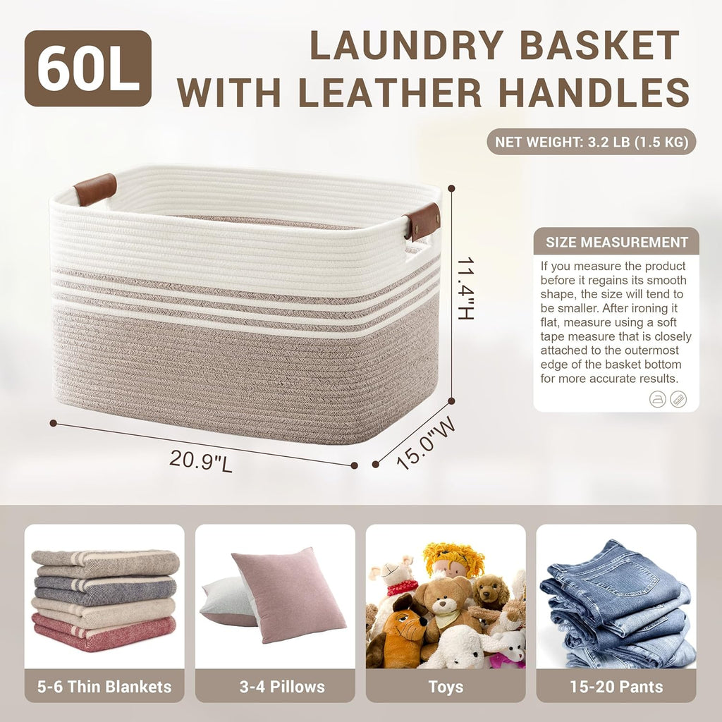 60L Large Laundry Basket with Leather Handles for Living Room Storage, Woven Rope Baskets Bin for Blanket, Kids Toy, Gifts, Wicker Hamper for Bedroom Dirty Clothes, White Brown