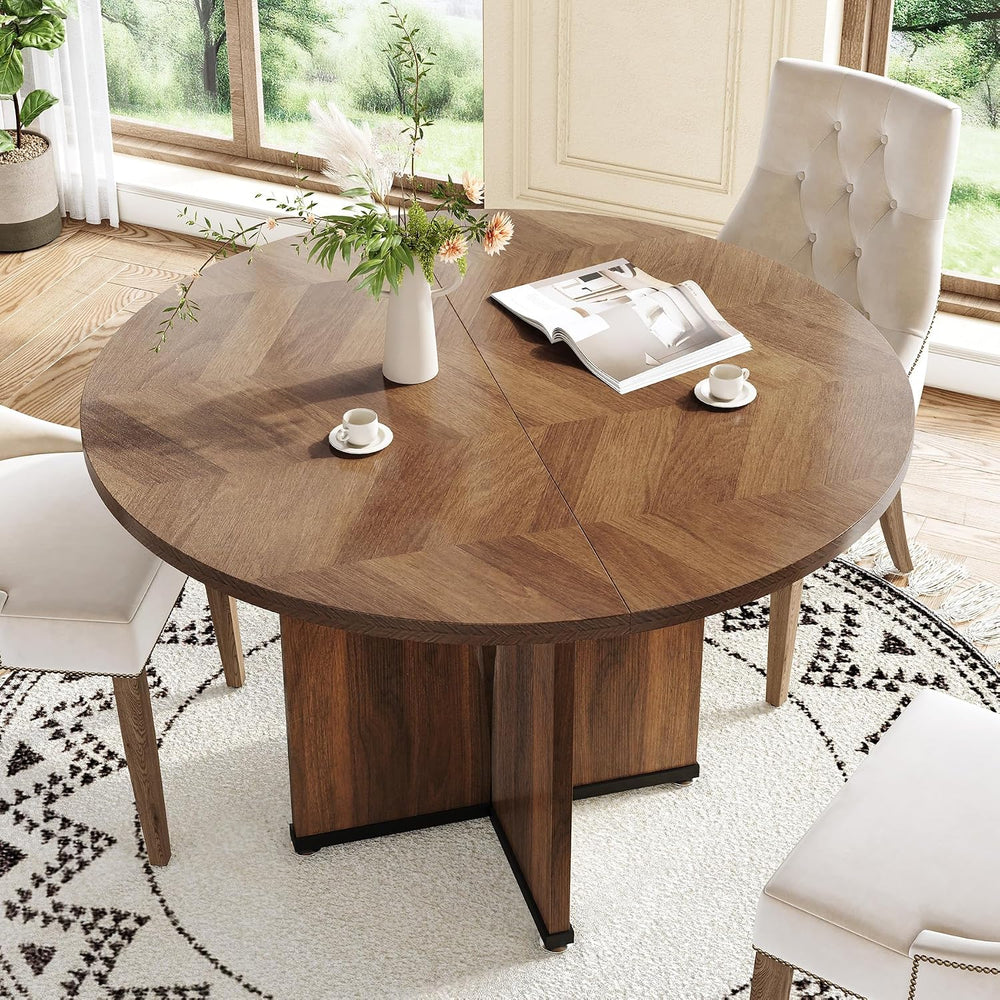 LITTLE TREE 39-Inch Round Dining Table for 4, Rustic Kitchen Table with X-Sha...