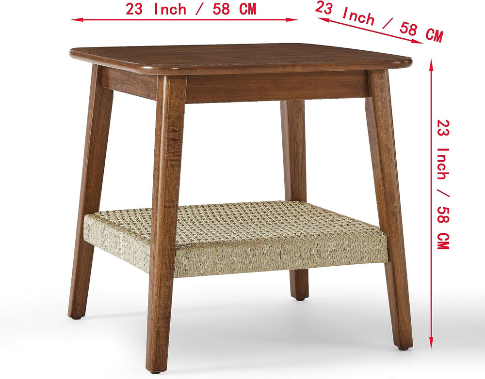 NewCosmos 23" Mid-Century Side Table with Woven Shelf, Boho Side Table w...