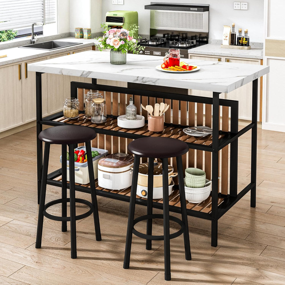 DKLGG Kitchen Island with Stools & Storage, Modern Dining Table Set for 2...