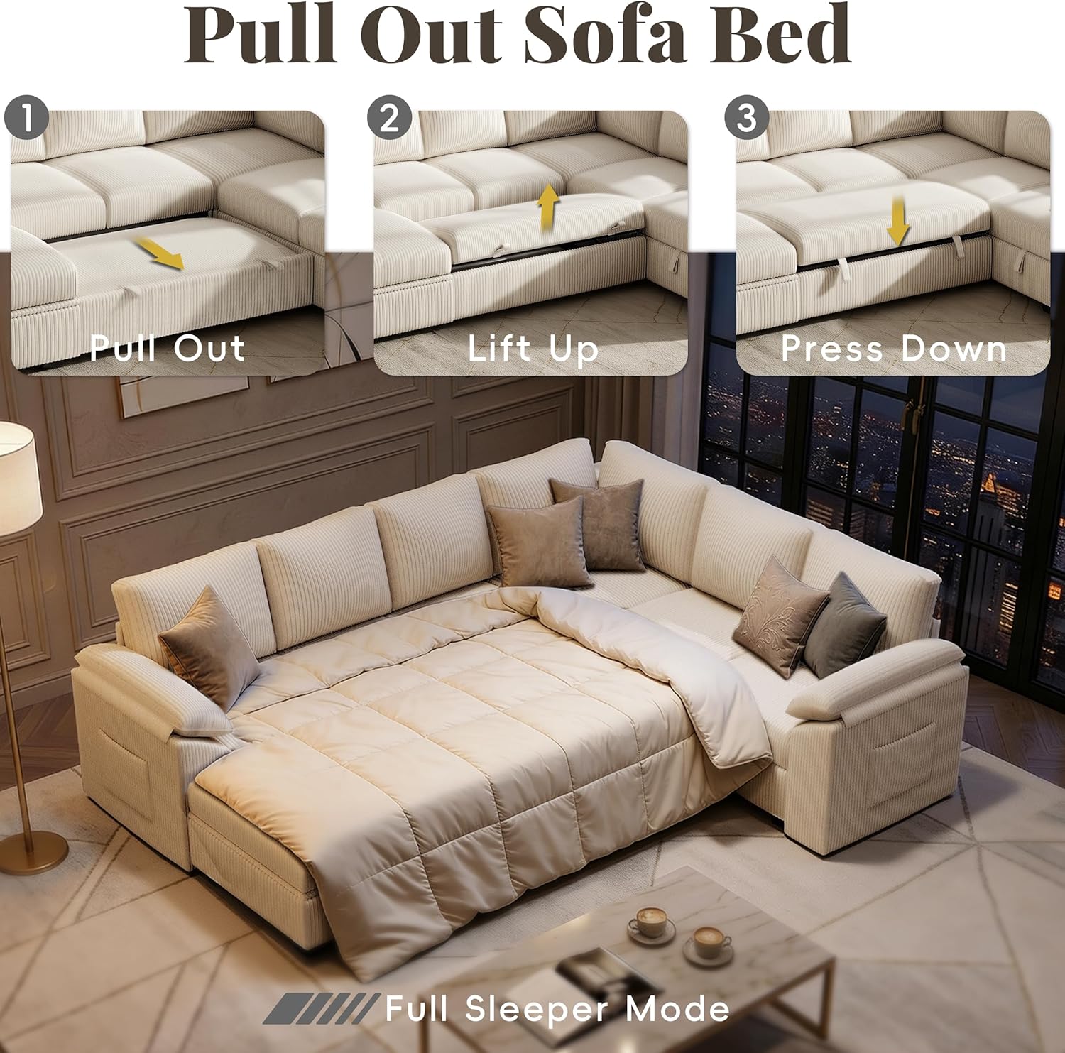 108 Inch Sectional Sleeper Sofa Bed with Pull Out Couch, U Shaped 7 Seat Cloud Modular Sectional Sofa with Storage, Corduroy Sectional Couches for Living Room, Removable Sofa Cover, Beige