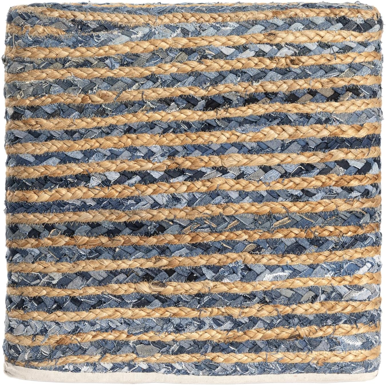 LR Home Indoor Ottoman Pouf for Home décor | Farmhouse Striped Pouffe for Living Room, Bedroom, Lounge, Nursery, Kidsroom | 18" x 18" x 18", Denim/Beige