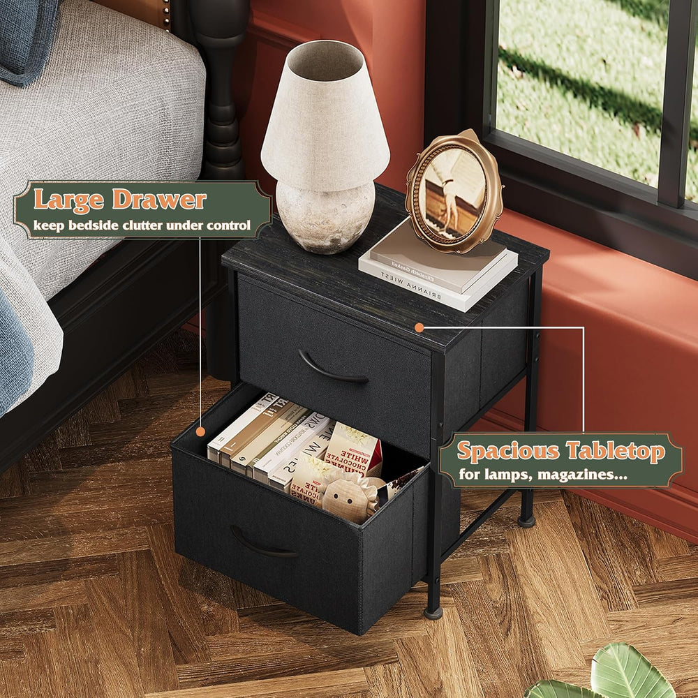 WLIVE Black Night Stand, Small Dresser with 2 Drawers & Wooden Top, Night...